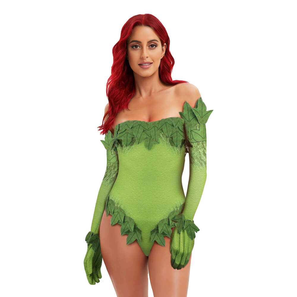 Poison Ivy Halloween Costume DC Villains Green Cosplay Jumpsuit Gloves (Ready To Ship) Takerlama