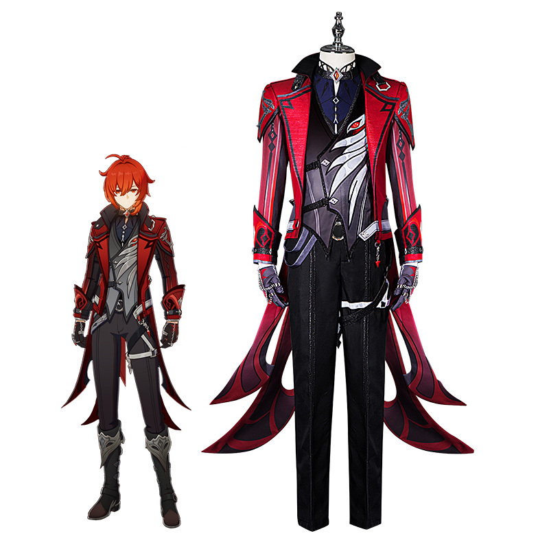 Genshin impact Diluc Cosplay Costume Red Dead of Night Outfits In Stock Takerlama