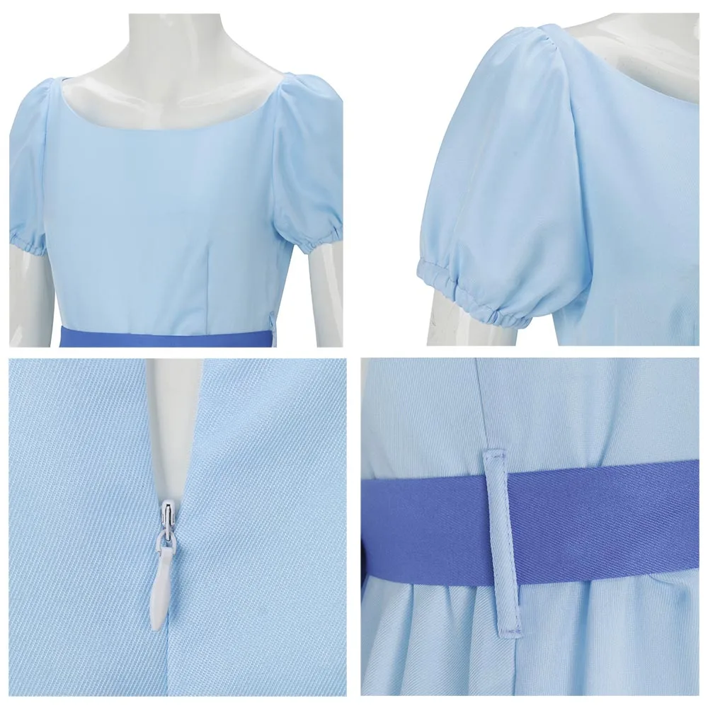 short wendy darling dress Adult Wendy Darling Dress Peter Pan Wendy Short Sleeve Blue Dress With Tie Belt and Hair Bow