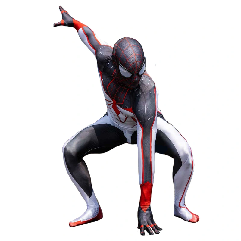 White PS5 Miles Morales Spiderman Cosplay Costume Spandex Bodysuit Hallween  Prop