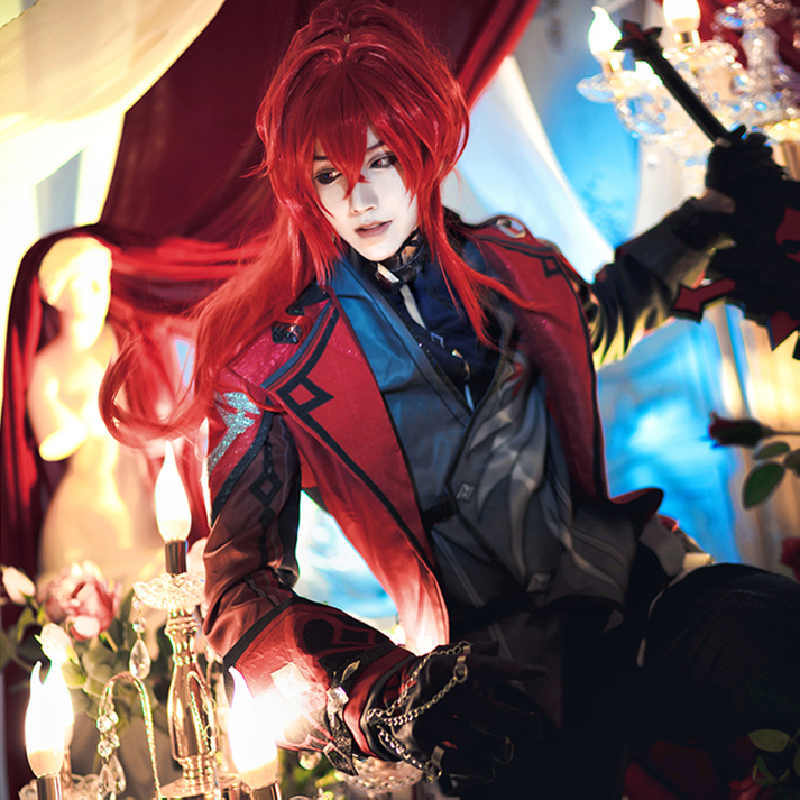 Genshin impact Diluc Cosplay Costume Red Dead of Night Outfits In Stock Takerlama