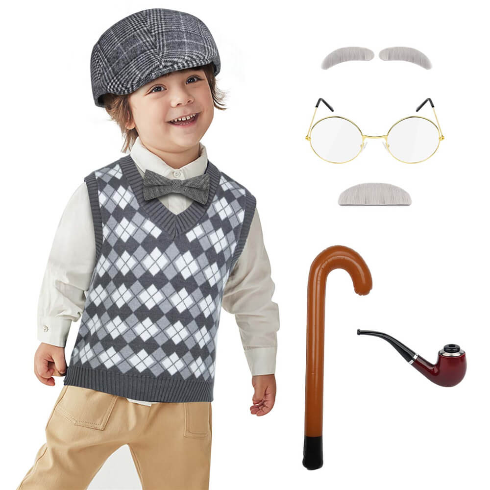 Kids 100 Days of School Costume for Boys - Halloween Old Man Outfits Takerlama