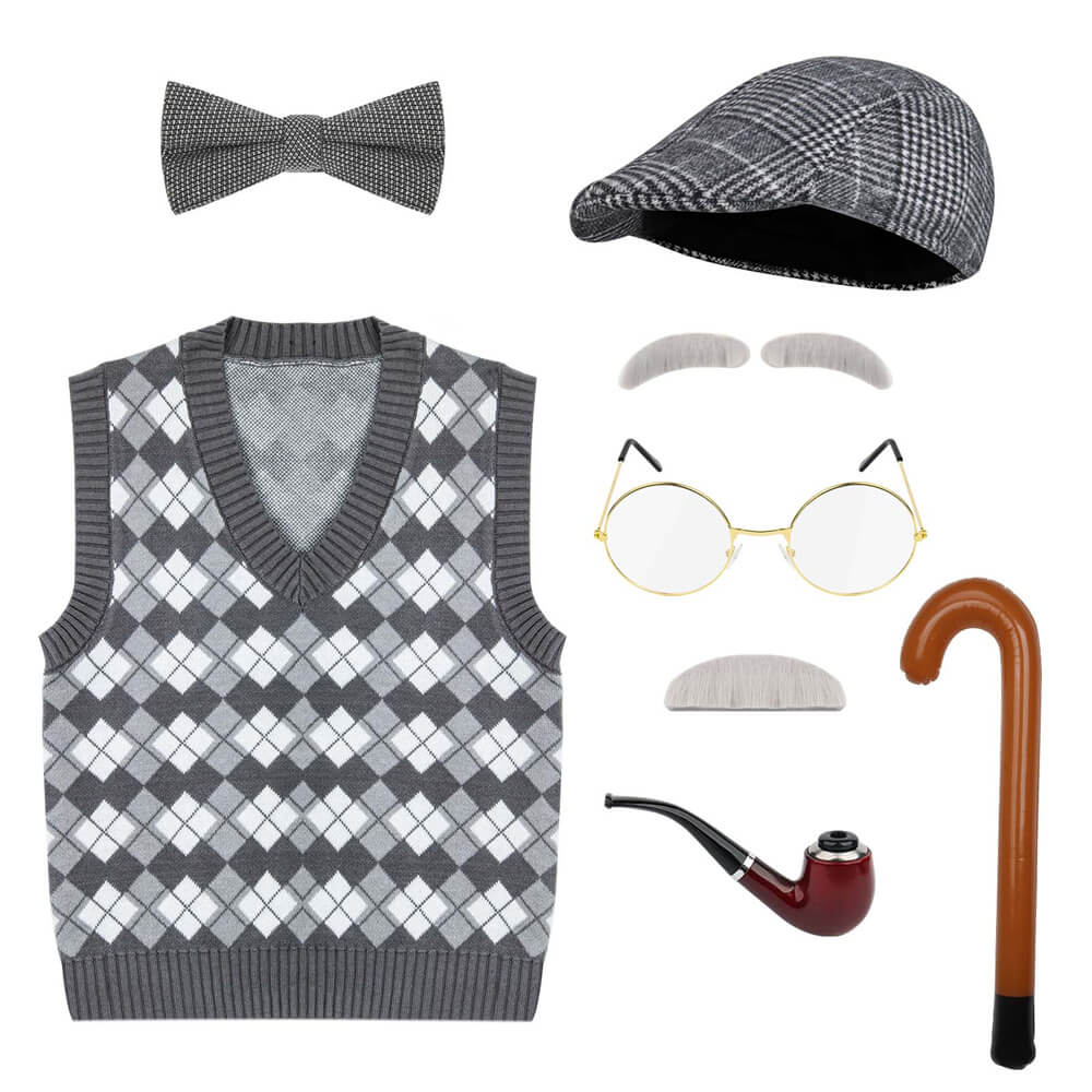 Kids 100 Days of School Costume for Boys - Halloween Old Man Outfits Takerlama