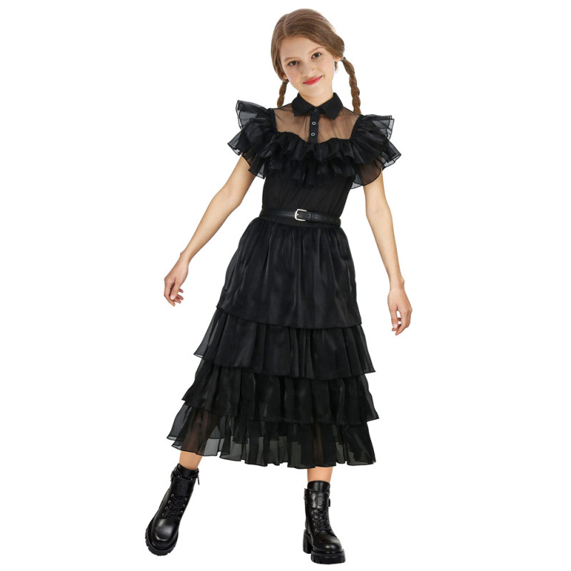 Kids Wednesday Addams Black Dance Dress with Belt Halloween Cosplay Costume