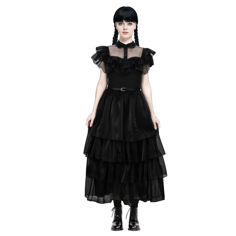 open lace back dress 1930s Velvet Bell-Sleeve Wednesday Addams Style Dress main image 0