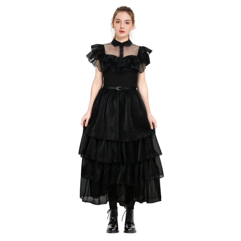 Adult Wednesday Addams Dance Dress Party Costume Black Lolita Merlina Dress In Stock Takerlama