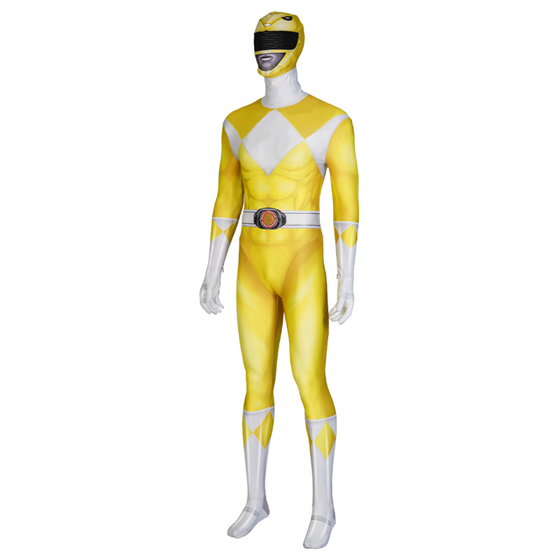 Mighty Morphin Power Rangers Yellow Ranger Cosplay Costume Superhero Jumpsuit Mask