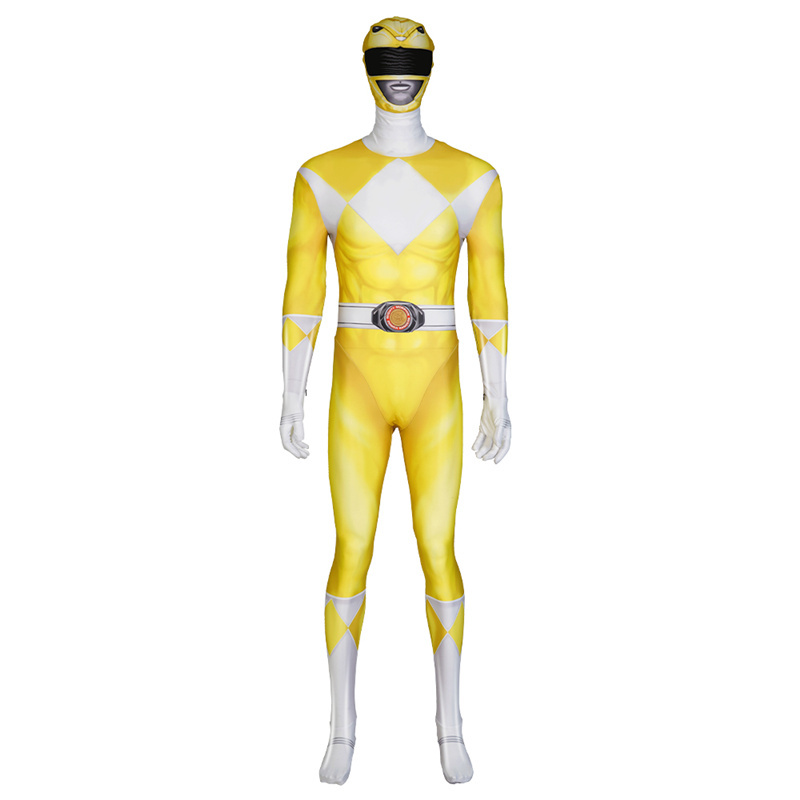 Mighty Morphin Power Rangers Yellow Ranger Cosplay Costume Superhero Jumpsuit Mask