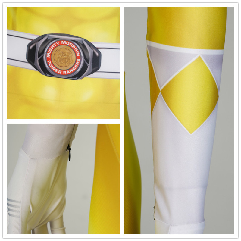 Mighty Morphin Power Rangers Yellow Ranger Cosplay Costume Superhero Jumpsuit Mask