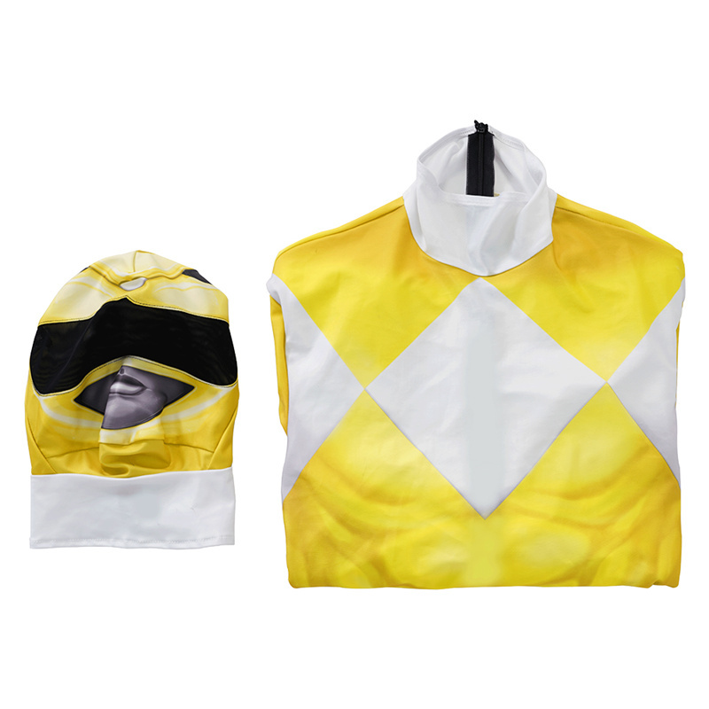 Mighty Morphin Power Rangers Yellow Ranger Cosplay Costume Superhero Jumpsuit Mask