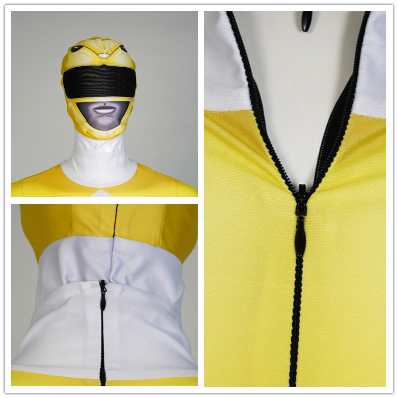 Mighty Morphin Power Rangers Yellow Ranger Cosplay Costume Superhero Jumpsuit Mask