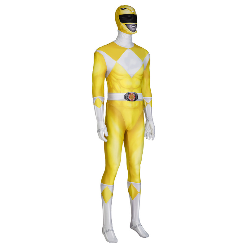 Mighty Morphin Power Rangers Yellow Ranger Cosplay Costume Superhero Jumpsuit Mask