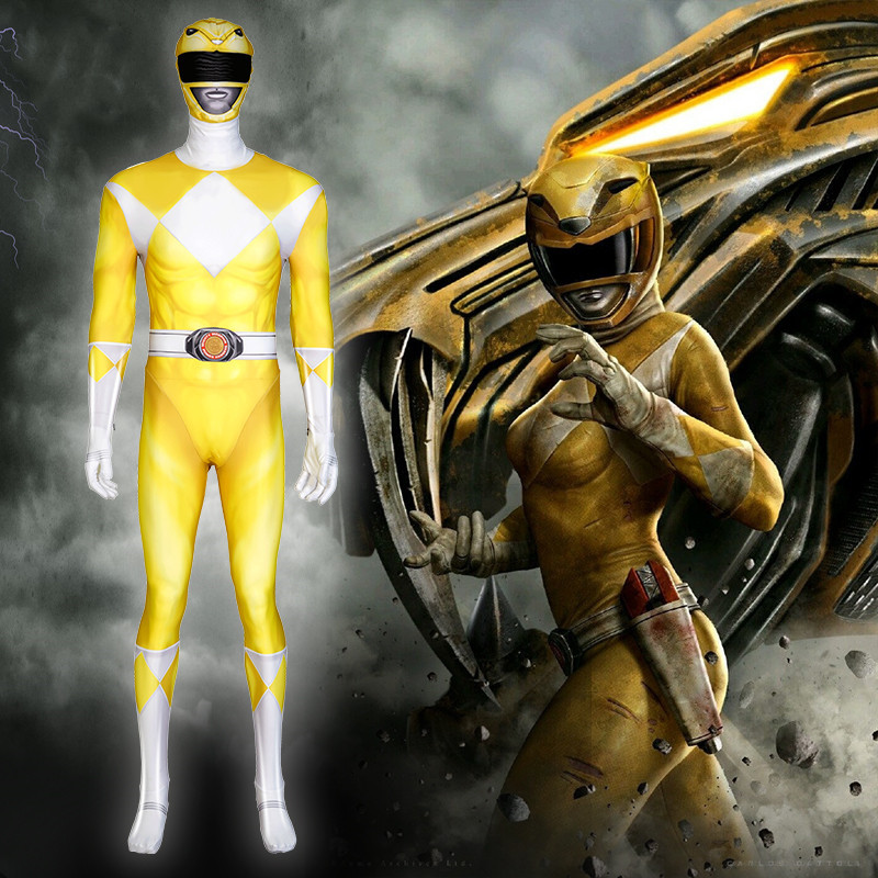 Mighty Morphin Power Rangers Yellow Ranger Cosplay Costume Superhero Jumpsuit Mask