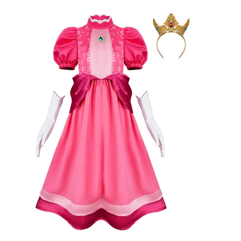 Kids Pink Princess Peach Dress Super Mario Cosplay Costume In Stock-Takerlama