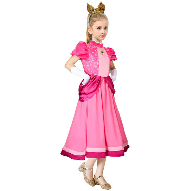 Kids Pink Princess Peach Dress Super Mario Cosplay Costume In Stock-Takerlama