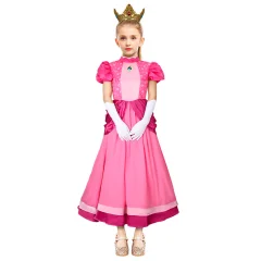 Kids Pink Princess Peach Dress Super Mario Cosplay Costume In Stock-Takerlama