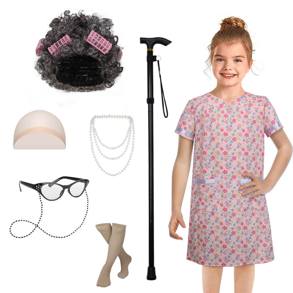 Girls Old Lady Costume Knit 100th Day of School Grandma Outfits Accessory In Stock Takerlama
