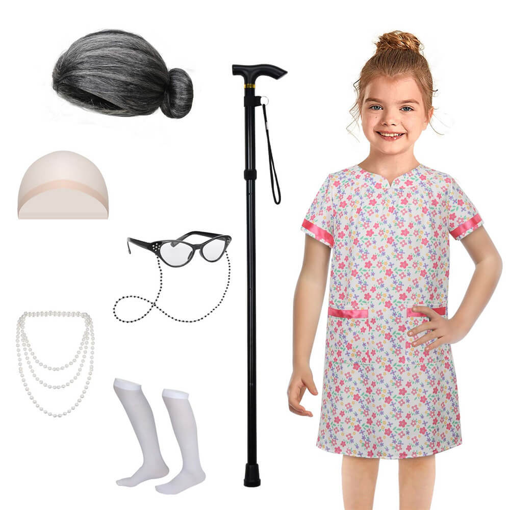 100th Day of School Grandma Old Lady Granny Costume Girls Floral Print Grandma Halloween Outfits