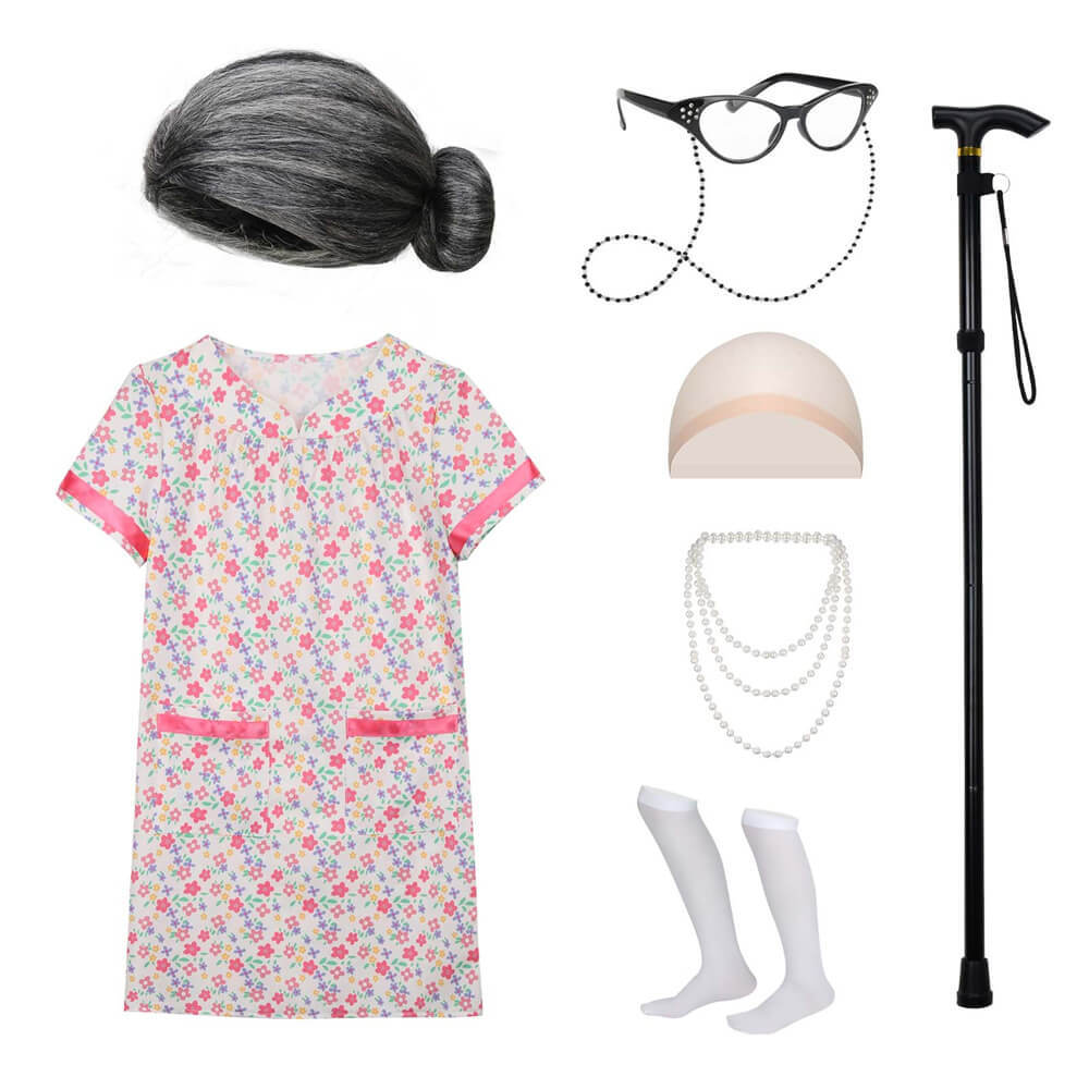 100th Day of School Grandma Old Lady Granny Costume Girls Floral Print Grandma Halloween Outfits