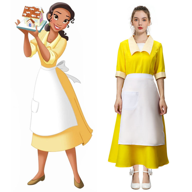 Yellow Maiden Dress Princess Tiana Housemaid Cosplay Costume In Stock-Takerlama