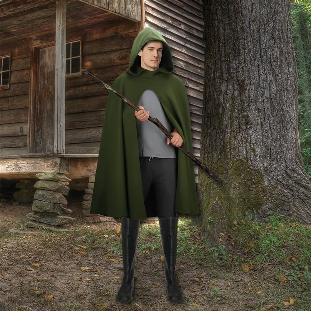 Renaissance Hooded Cape Witch Cloak Medieval Hobbit Halloween Olive Costume