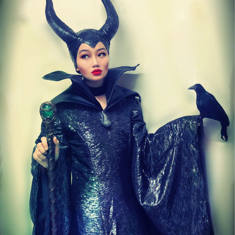 Disney Maleficent Costume Mistress of Evil Black Witch Angelina Jolie Cosplay Dress Hat Takerlama