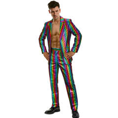 Men's 2 Piece Disco Sets Shiny 70s Rainbow Glitter Costume Stage Festival Host Suit