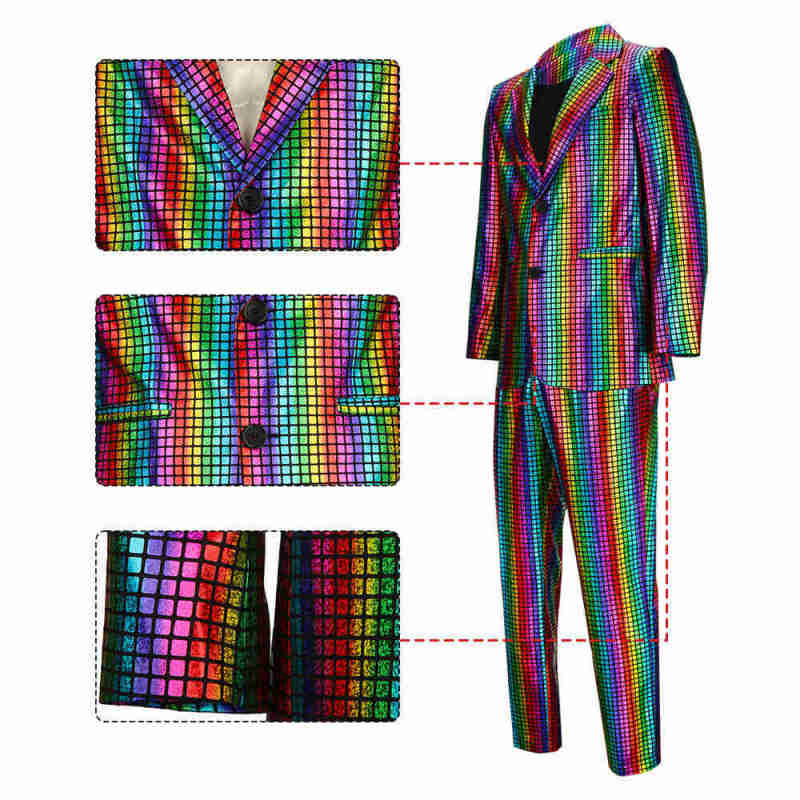 Men's 2 Piece Disco Sets Shiny 70s Rainbow Glitter Costume Stage Festival Host Suit