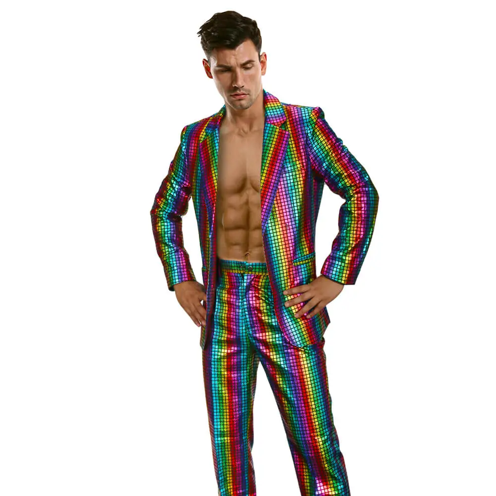 Takerlama Men's 2 Piece Disco Sets Shiny 70s Rainbow Glitter Costume Stage  Festival Host Suit