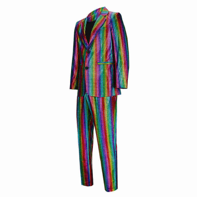 Men's 2 Piece Disco Sets Shiny 70s Rainbow Glitter Costume Stage Festival Host Suit