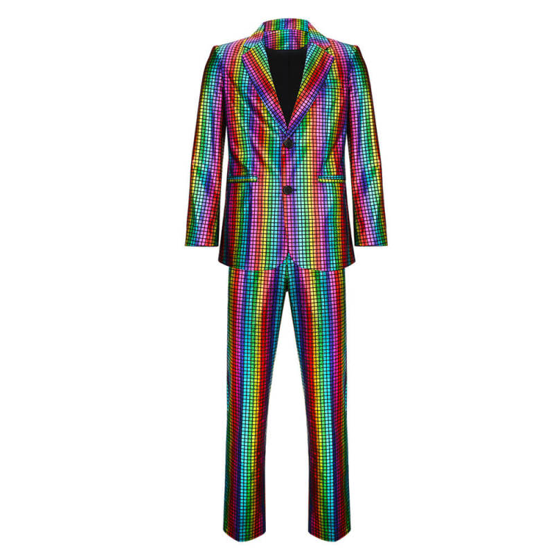 Men's 2 Piece Disco Sets Shiny 70s Rainbow Glitter Costume Stage Festival Host Suit