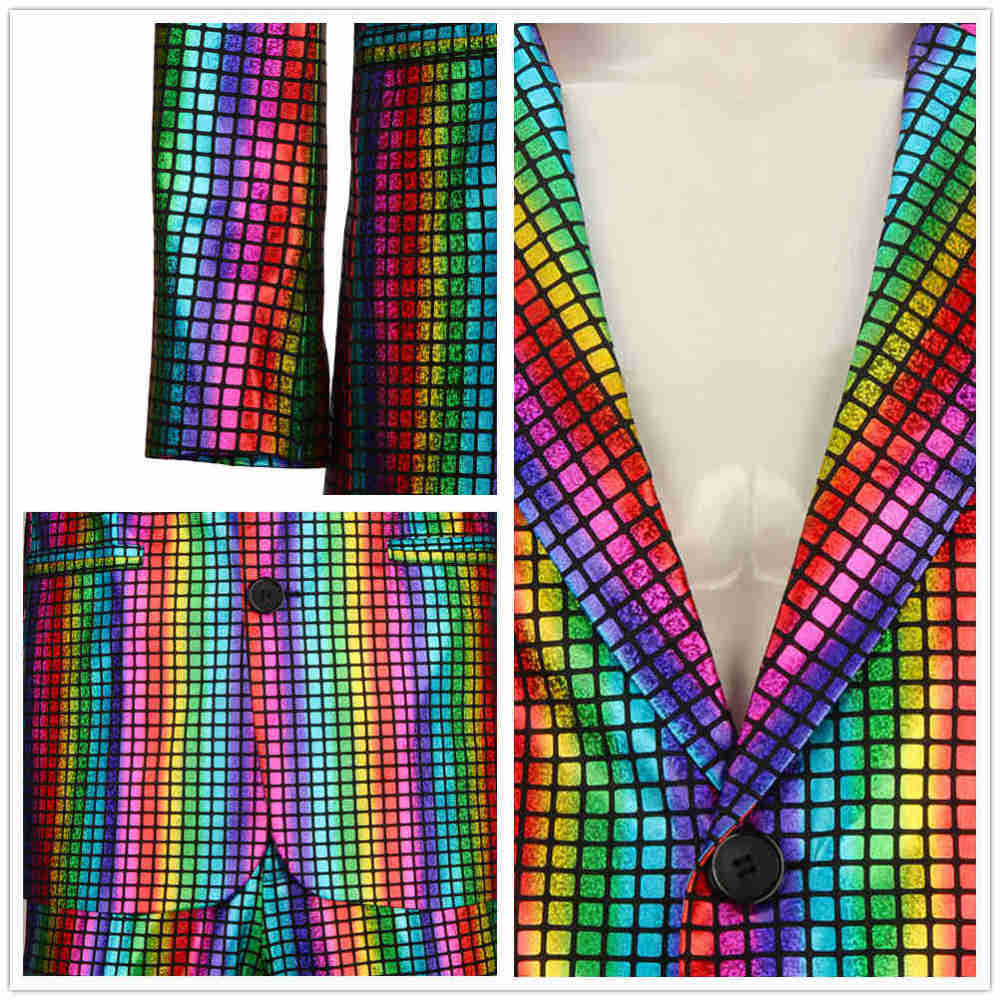 Men's 2 Piece Disco Sets Shiny 70s Rainbow Glitter Costume Stage Festival Host Suit