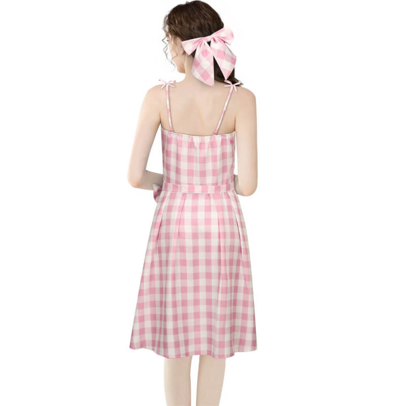 Margot Robbie's Gingham Plaid Pink Dress 2023 Movie Doll Pink Cosplay Costume(In Stock)