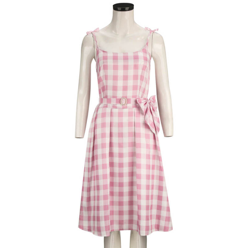Margot Robbie's Gingham Plaid Pink Dress 2023 Movie Doll Pink Cosplay Costume(In Stock)