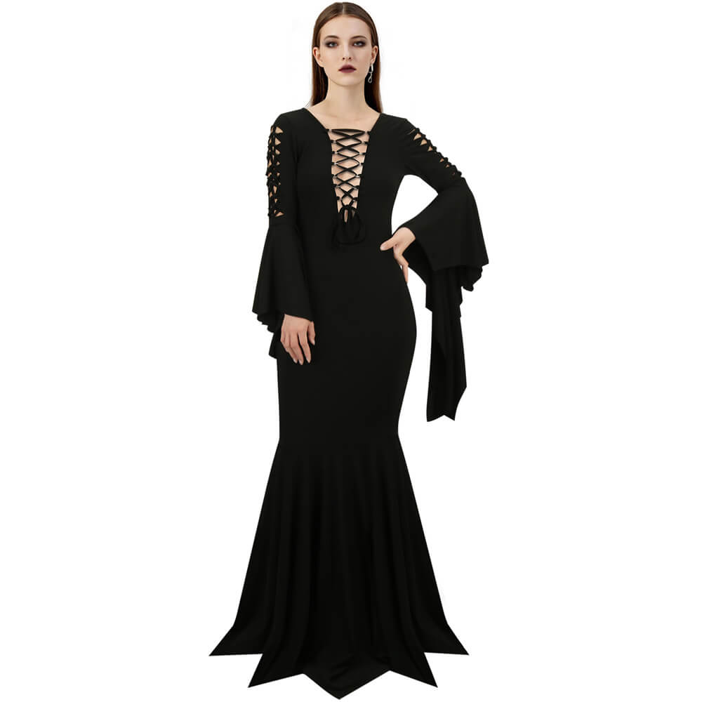 Morticia Gothic Maxi Dress Wednesday 2023 Family Witch Vintage Cosplay Costume In stock