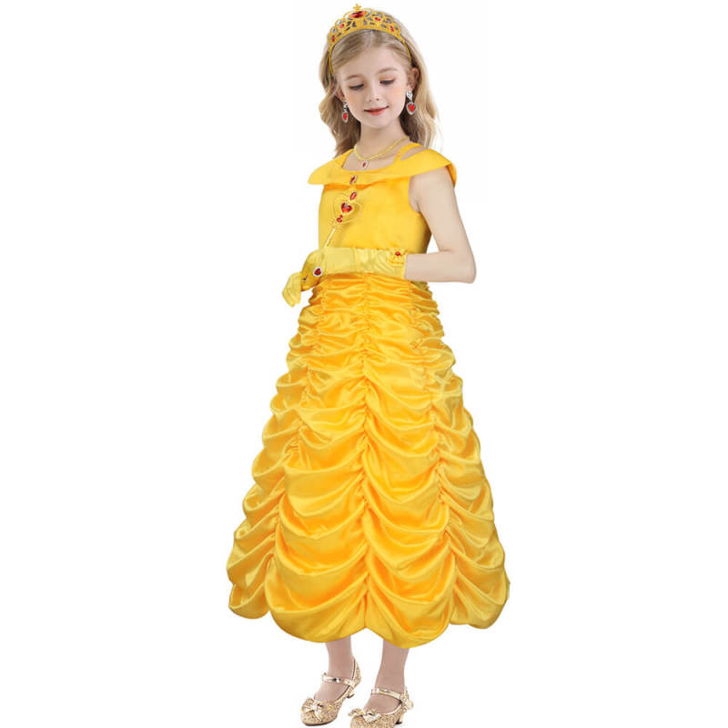 Girl Princess Belle's Yellow Gown Beauty and the Beast Layered Off Shoulder Birthday Party Fancy Dress