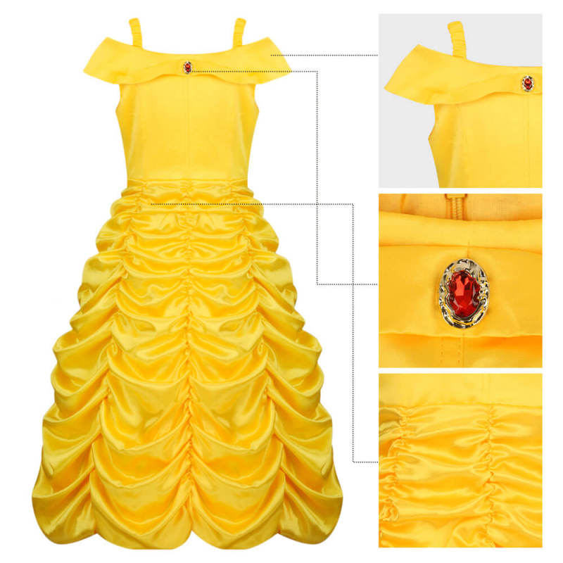 Girl Princess Belle's Yellow Gown Beauty and the Beast Layered Off Shoulder Birthday Party Fancy Dress