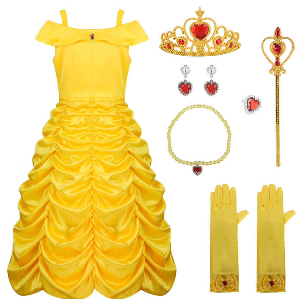 Girl Princess Belle's Yellow Gown Beauty and the Beast Layered Off Shoulder Birthday Party Fancy Dress
