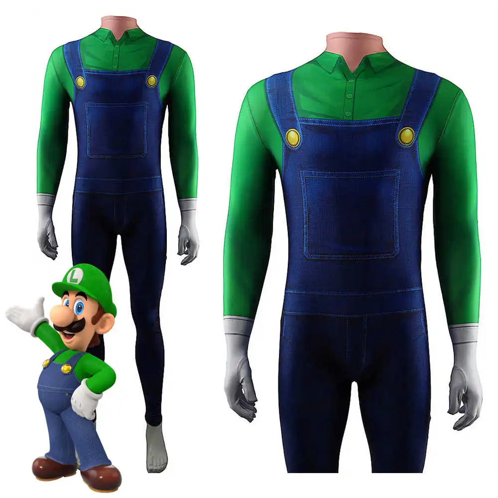 Luigi Green Costume - The Super Mario Bros. Movie Jumpsuit Kids Adult,Male / Custom-Made