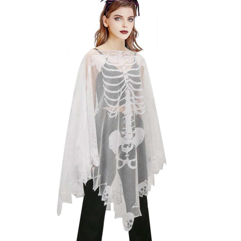 Halloween Skeleton Poncho Costume Women Lace Tattered Party Clothes