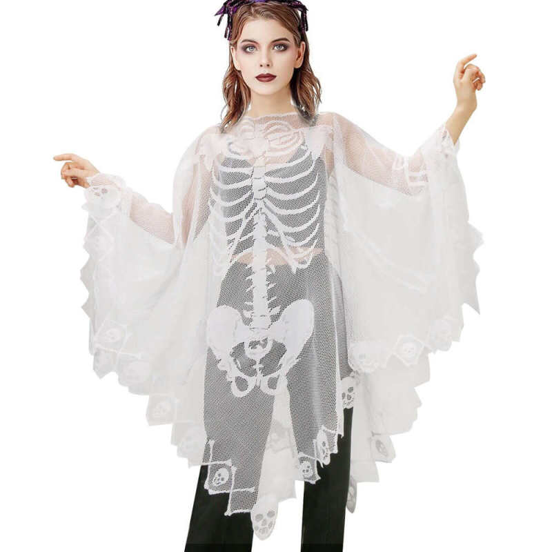 Halloween Skeleton Poncho Costume Women Lace Tattered Party Clothes