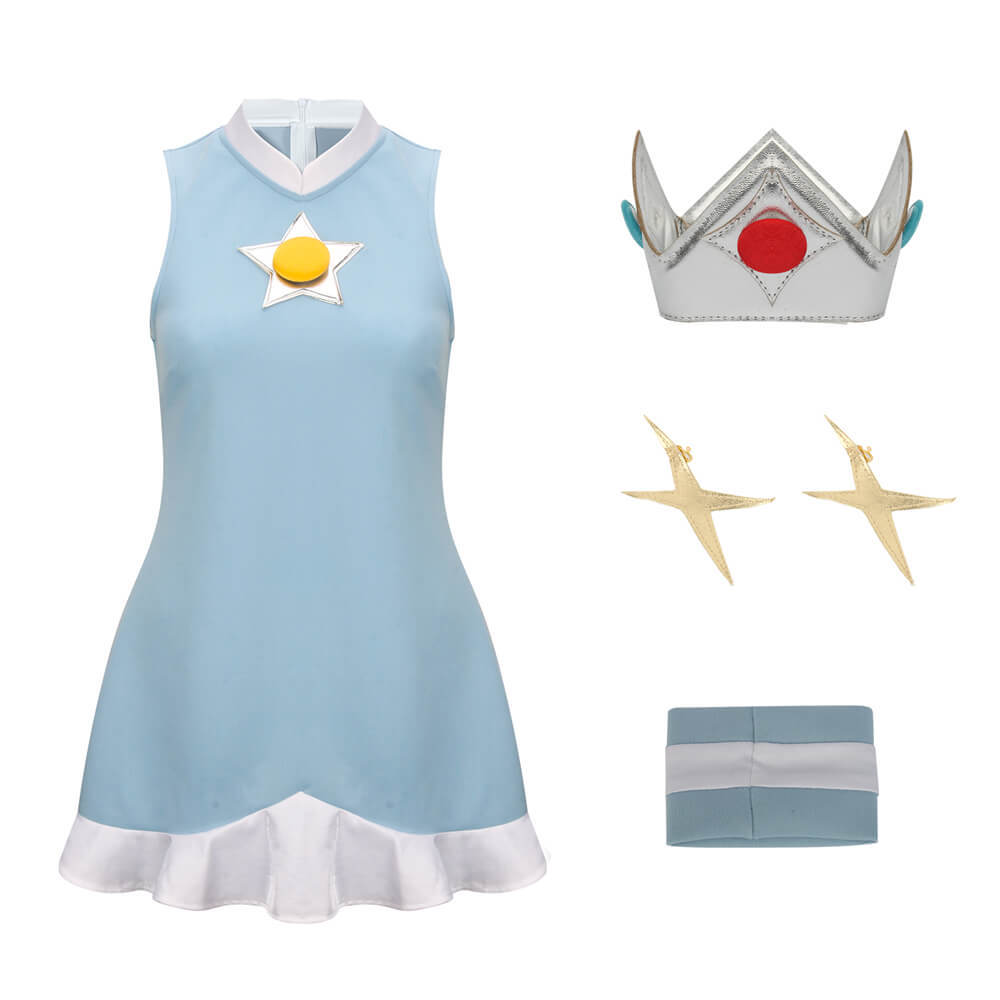 Mario Tennis Rosalina Cosplay Costume Blue Dress with Crown
