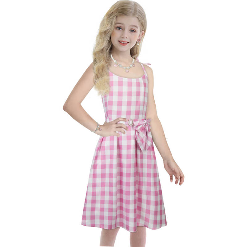 Child Margot Robbie's Plaid Baby Pink Dress 2023 Movie Doll Pink Cosplay Costume In Stock Takerlama