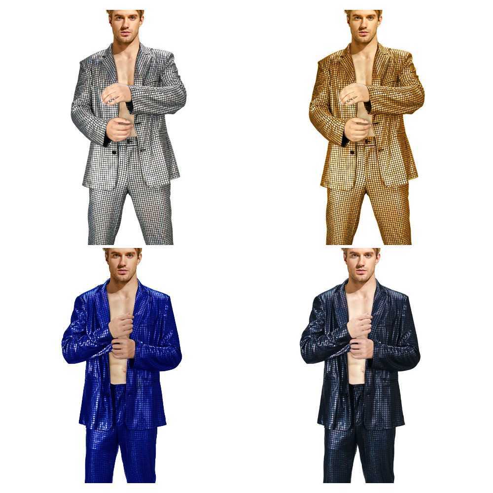 Men's Shiny Disco Costume 70s Glitter Jacket Pants Stage Festival Host Suit 4 Colors In Stock Takerlama
