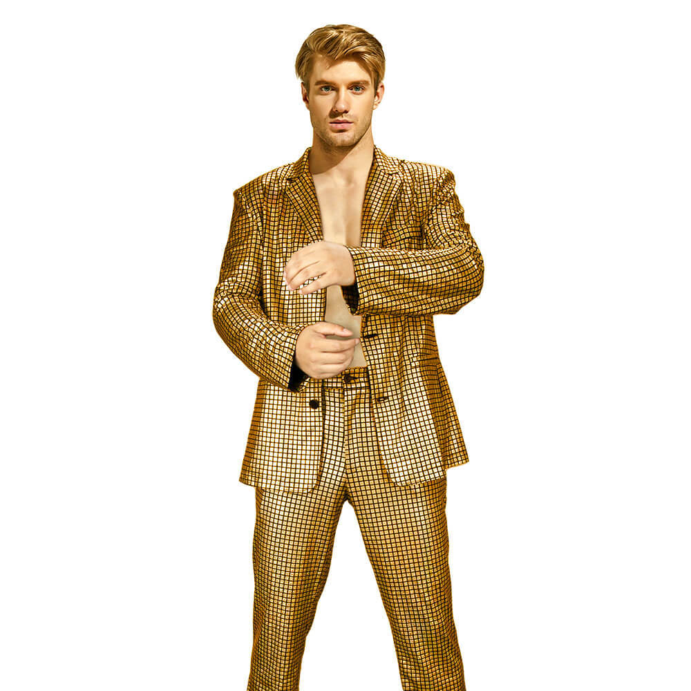 Men's Shiny Disco Costume 70s Glitter Jacket Pants Stage Festival Host Suit 4 Colors In Stock Takerlama