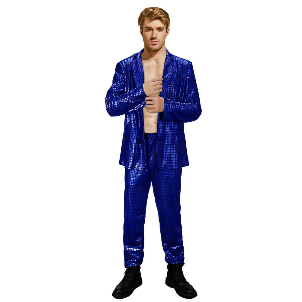Men's Shiny Disco Costume 70s Glitter Jacket Pants Stage Festival Host Suit 4 Colors In Stock Takerlama