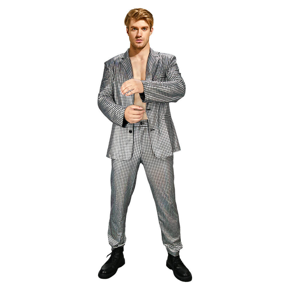 Men's Shiny Disco Costume 70s Glitter Jacket Pants Stage Festival Host Suit 4 Colors In Stock Takerlama