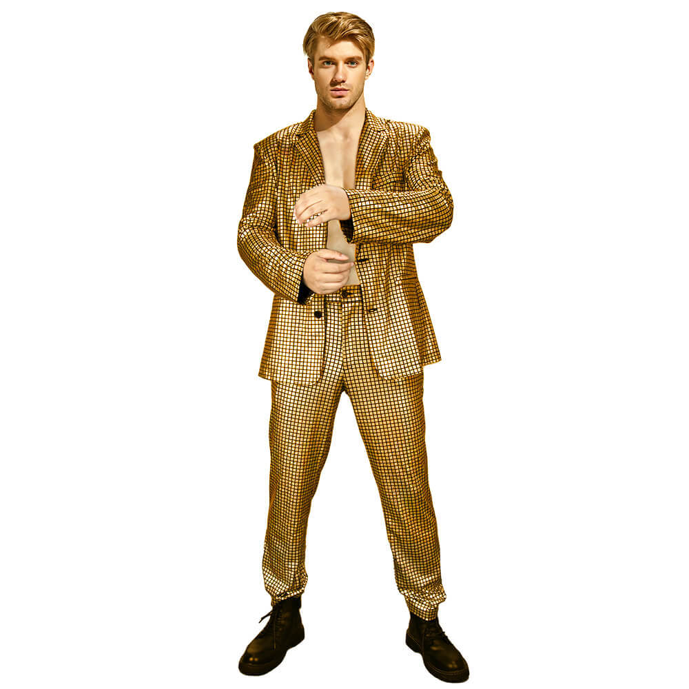 Men's Shiny Disco Costume 70s Glitter Jacket Pants Stage Festival Host Suit 4 Colors In Stock Takerlama