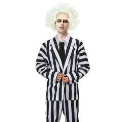 Men's BeetleJuice Halloween Costume Betelgeuse Black & White Striped Suit  In Stock-Takerlama