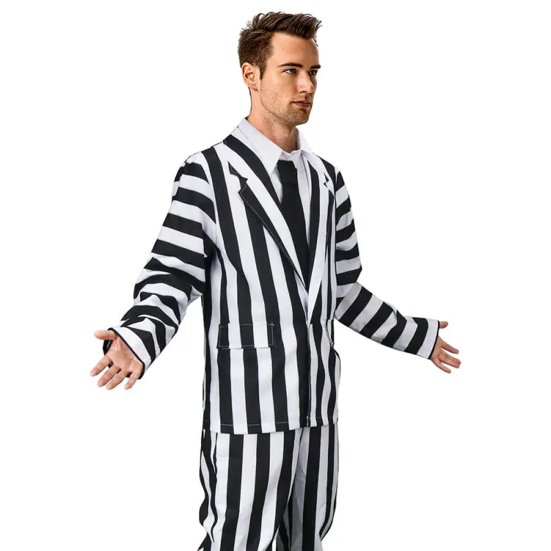 Men's BeetleJuice Halloween Costume Betelgeuse Black & White Striped Suit  In Stock-Takerlama
